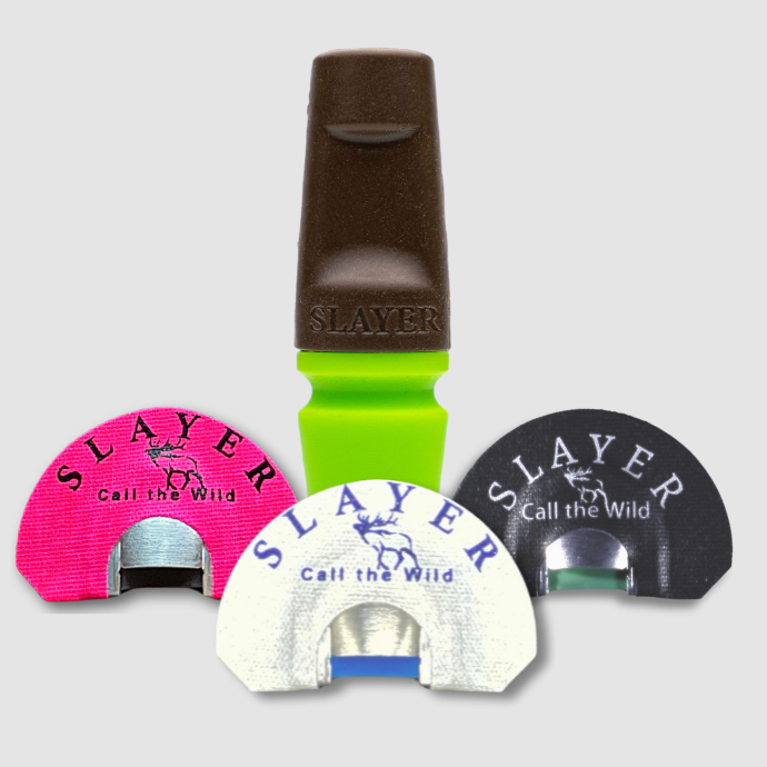 Slayer hunting calls, including the green and brown Harem bite call and pink Isabella Creek, white Maniac and navy blue Musselshell elk diaphragms on a light gray background