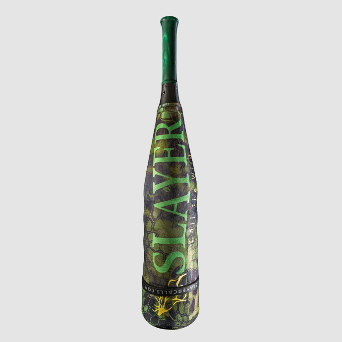 Slayer Calls ArchAngel bugle tube in green camo sleeve with black and green acrylic mouthpiece, upright on white background.