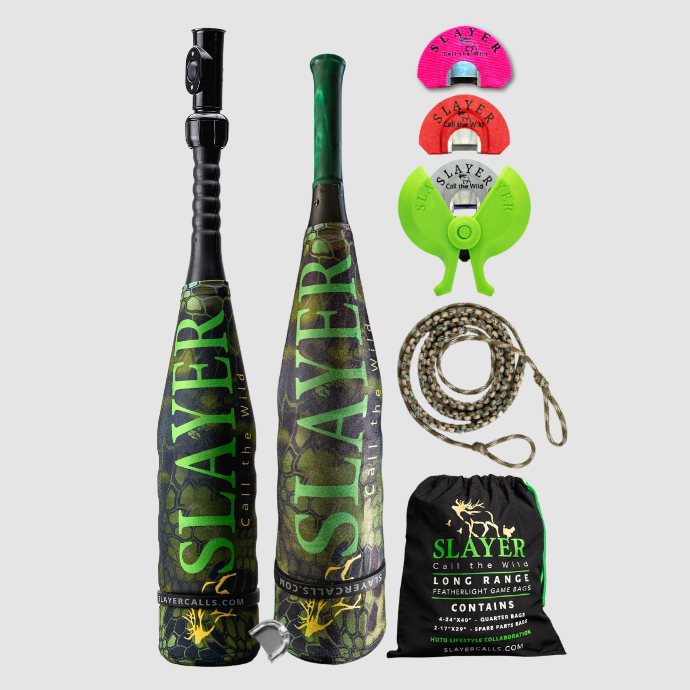 Elk-calling multipack — Enchantress push-button elk call and bugle combo, ArchAngel bugle tube with green ghost acrylic mouthpiece, three Clearwater elk reeds with reed holder, paracord bugle tube strap and game bags.