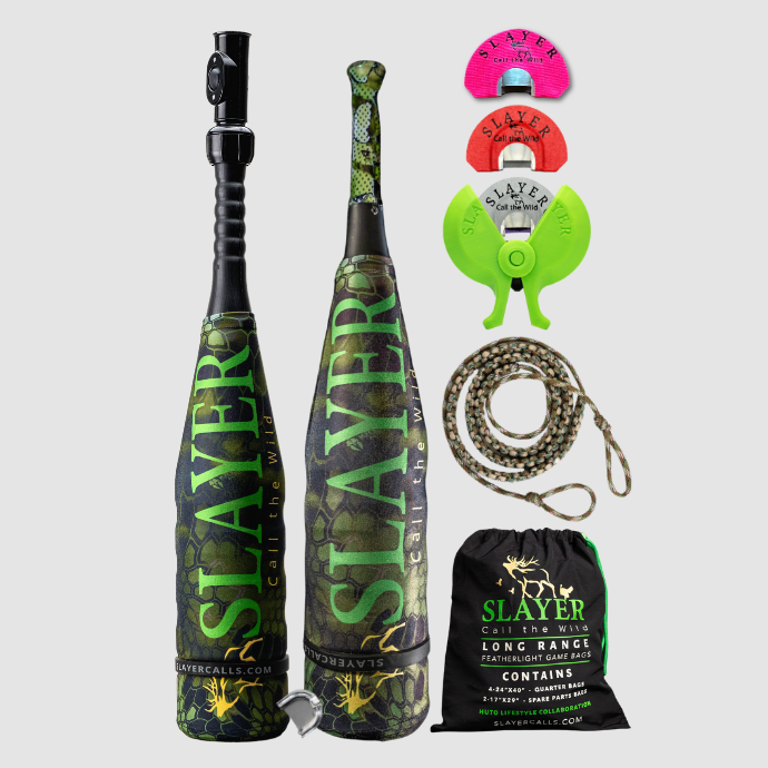 Elk-calling multipack — Enchantress push-button elk call and bugle combo, ArchAngel bugle tube with Green Marsh acrylic mouthpiece, three Clearwater elk reeds with reed holder, paracord bugle tube strap and game bags.
