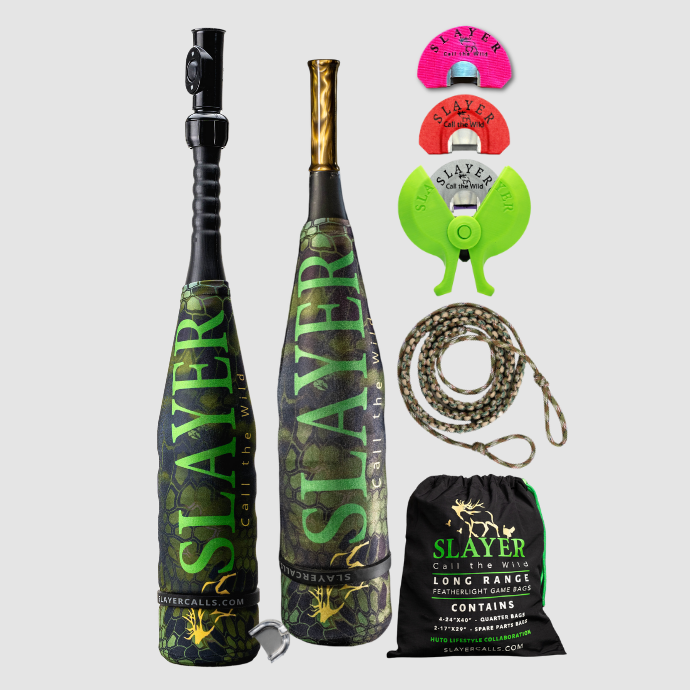 Elk-calling multipack — Enchantress push-button elk call and bugle combo, ArchAngel bugle tube with Kodiak Venom acrylic mouthpiece, three Clearwater elk reeds with reed holder, paracord bugle tube strap and game bags.
