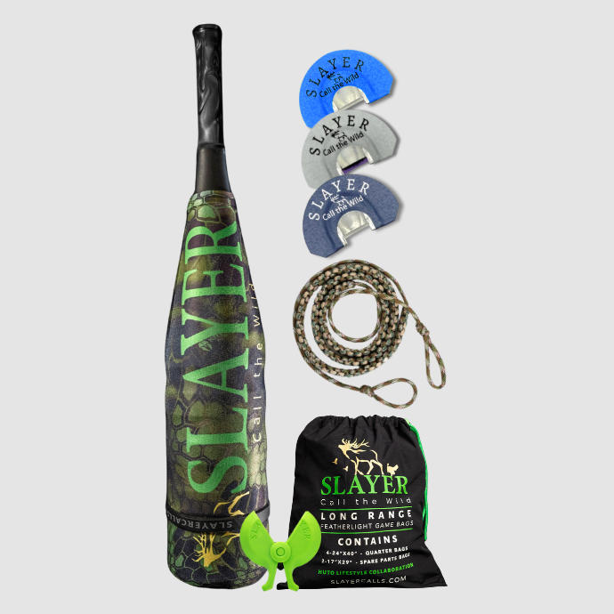 High Pressure Elk Pack for the Elk Woods includes the ArchAngel acrylic bugle tube, three medium to high pressure clearwater elk reeds, game bags, reed holder, and bugle tube strap