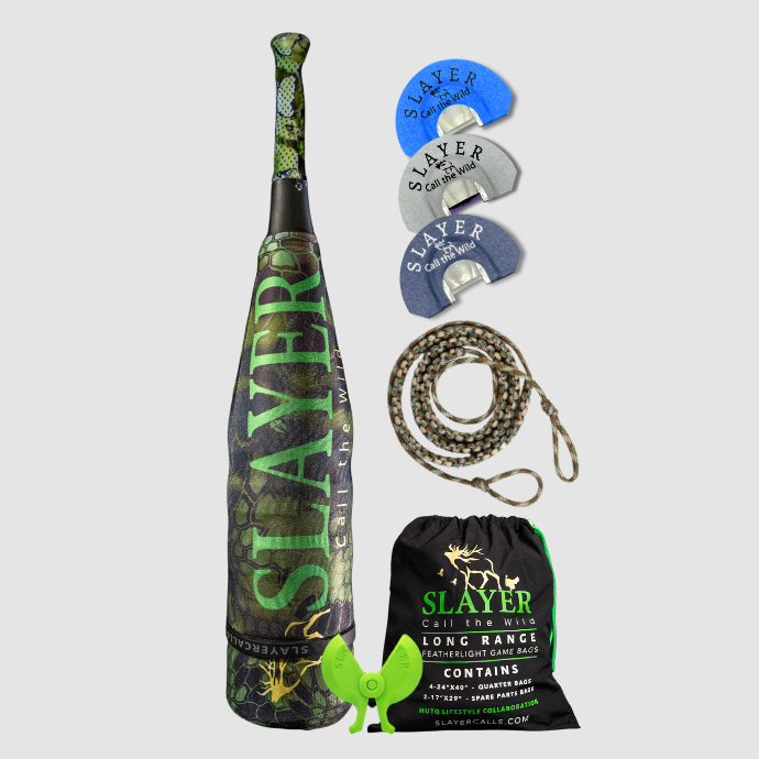 High Pressure Elk Pack for the Elk Woods includes the ArchAngel acrylic bugle tube, three medium to high pressure clearwater elk reeds, game bags, reed holder, and bugle tube strap