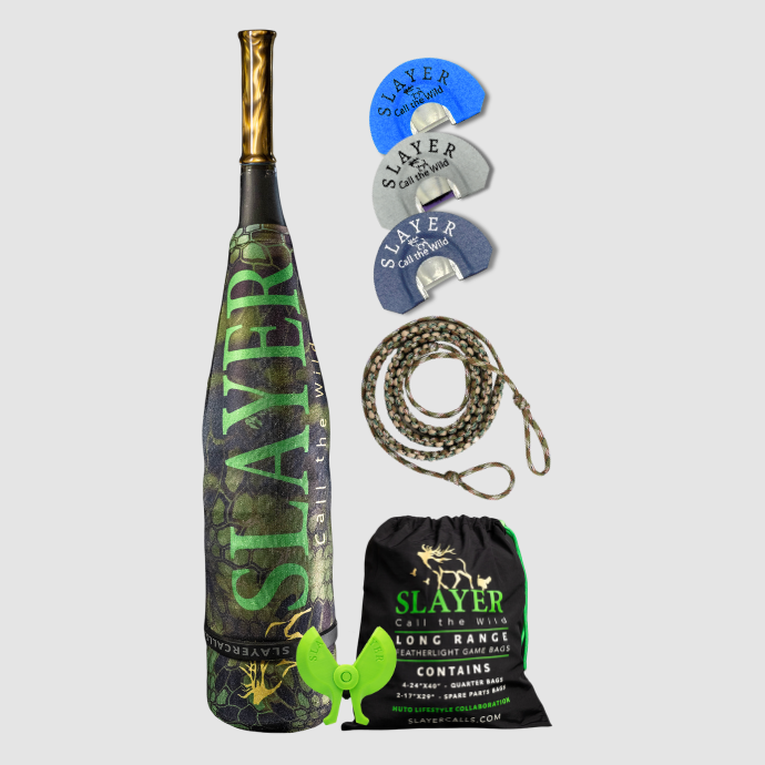 High Pressure Elk Pack for the Elk Woods includes the ArchAngel acrylic bugle tube, three medium to high pressure clearwater elk reeds, game bags, reed holder, and bugle tube strap