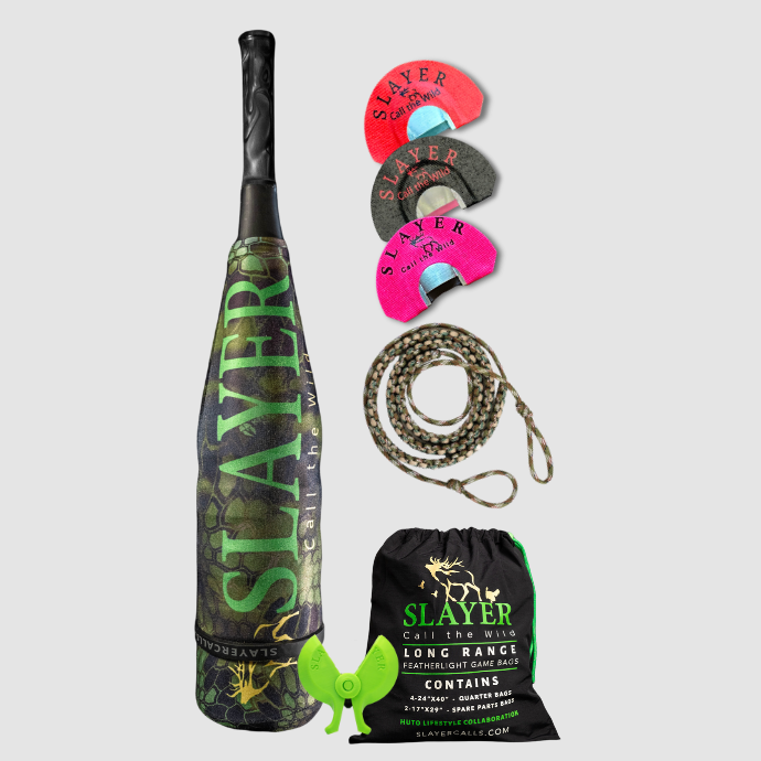 Low Pressure Elk Pack for the Elk Woods includes the ArchAngel acrylic bugle tube, three low to medium pressure clearwater elk reeds, game bags, reed holder, and bugle tube strap