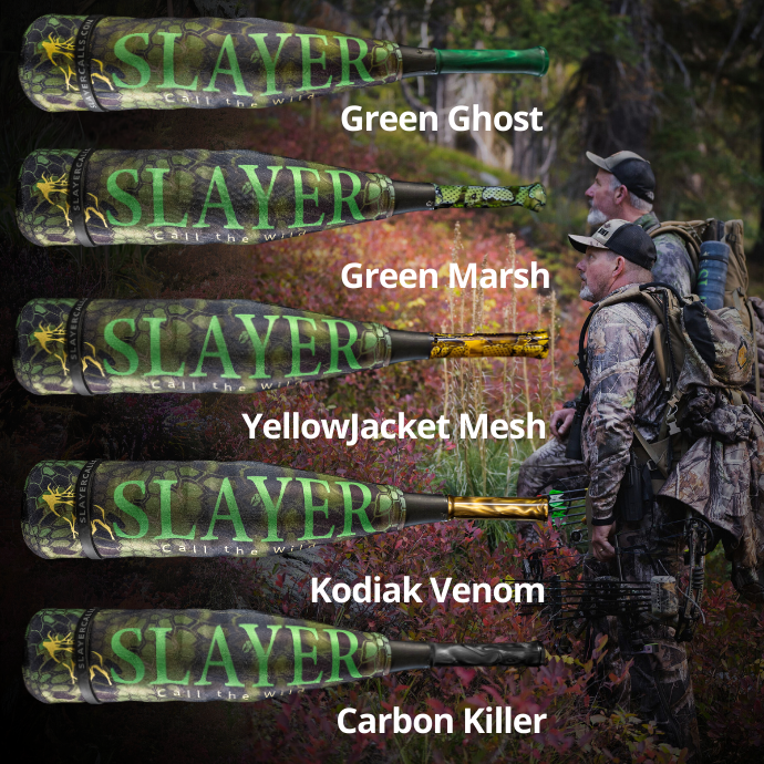 ArchAngel elk bugle in shown in all available colors with Kryptek camo cover and acrylic mouthpiece