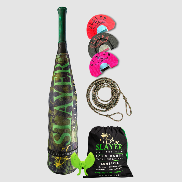 Low Pressure Elk Pack for the Elk Woods includes the ArchAngel acrylic bugle tube, three low to medium pressure clearwater elk reeds, game bags, reed holder, and bugle tube strap