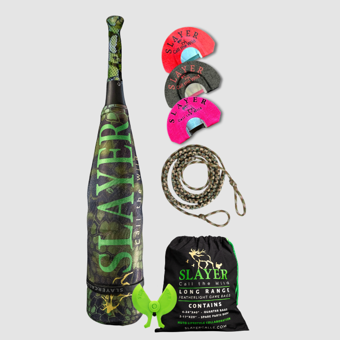 Low Pressure Elk Pack for the Elk Woods includes the ArchAngel acrylic bugle tube, three low to medium pressure clearwater elk reeds, game bags, reed holder, and bugle tube strap