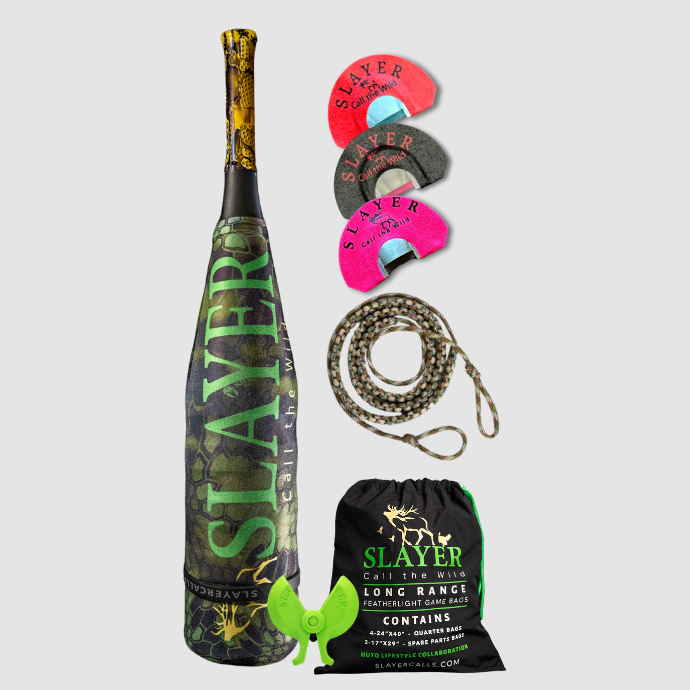 Low Pressure Elk Pack for the Elk Woods includes the ArchAngel acrylic bugle tube, three low to medium pressure clearwater elk reeds, game bags, reed holder, and bugle tube strap