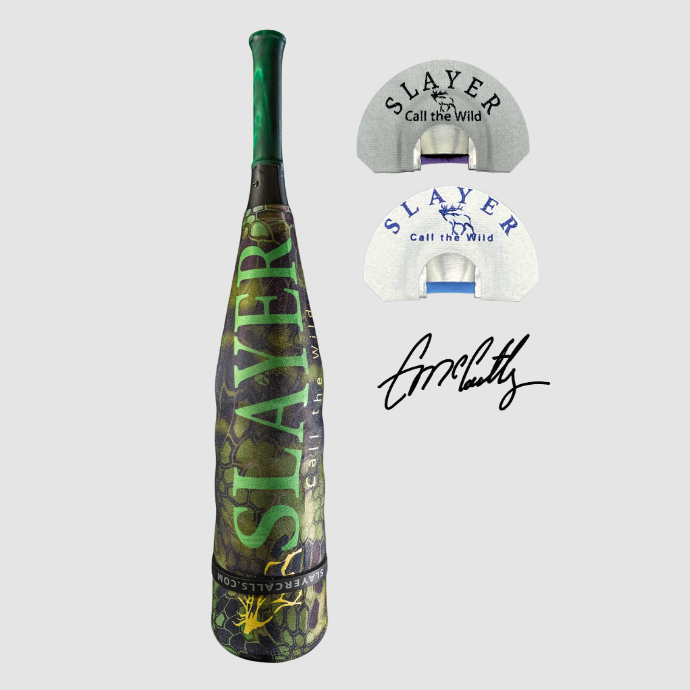 Cody McCarthy Signature Series with ArchAngel bugle tube with Green Ghost acrylic mouthpiece shown with two Clearwater elk reeds, the Maniac elk reed and the North Fork elk reed.