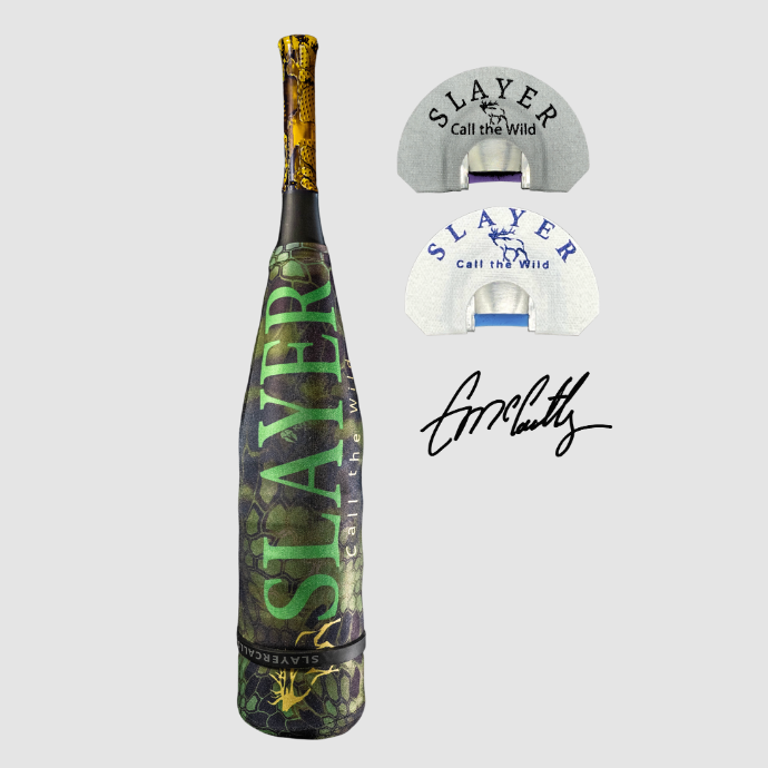 Cody McCarthy Signature Elk Series with ArchAngel bugle tube with YellowJacket mesh acrylic mouthpiece shown with two Clearwater elk reeds.