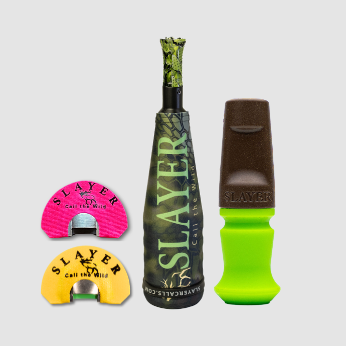 Slayer's compact elk bugle, bite call and two elk reeds on a light gray background.