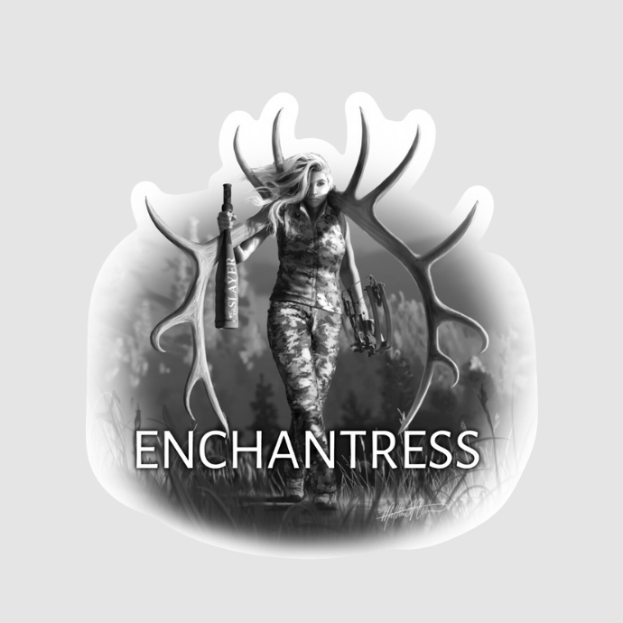 Female elk hunter holding elk rack and bow with Enchantress word, black and white sticker