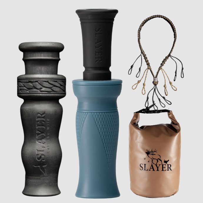 Slayer duck call, whistle, dry bag and lanyard with 'Slayer' branding on a light gray background