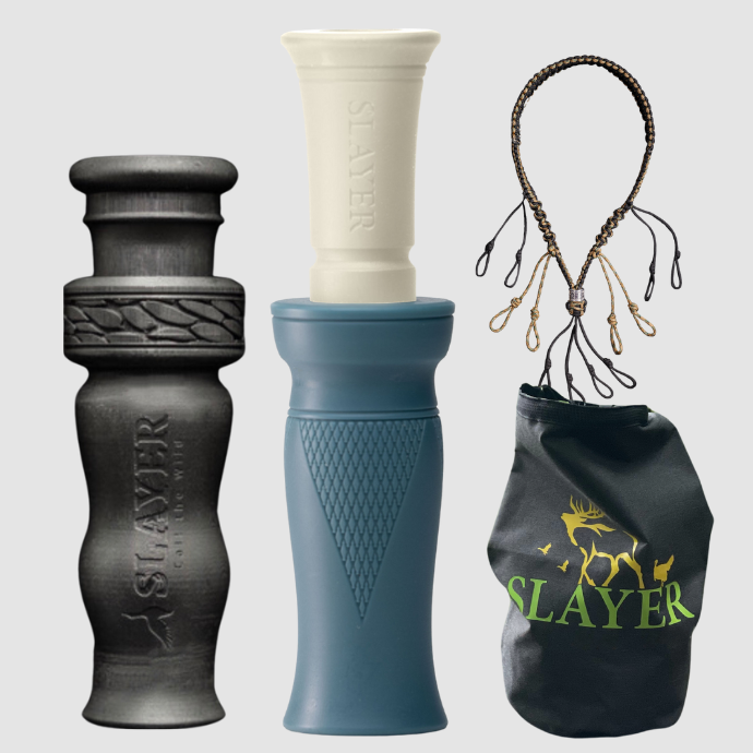 Slayer duck call, whistle, dry bag and lanyard with 'Slayer' branding on a light gray background