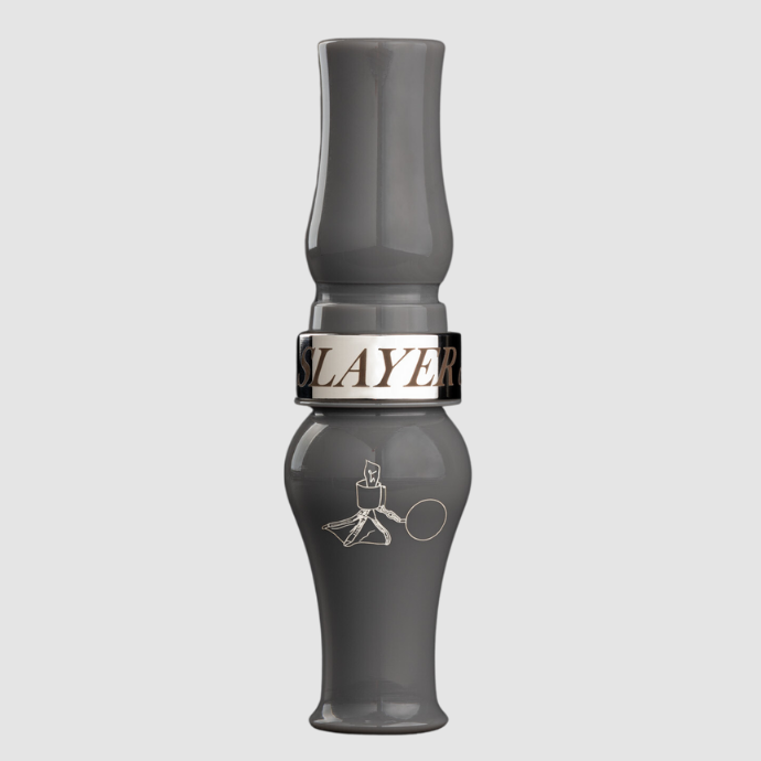 Leg Iron Goose Call in grey designed for hunting Canada Geese - pictured in flat grey with custom engraving on barrel
