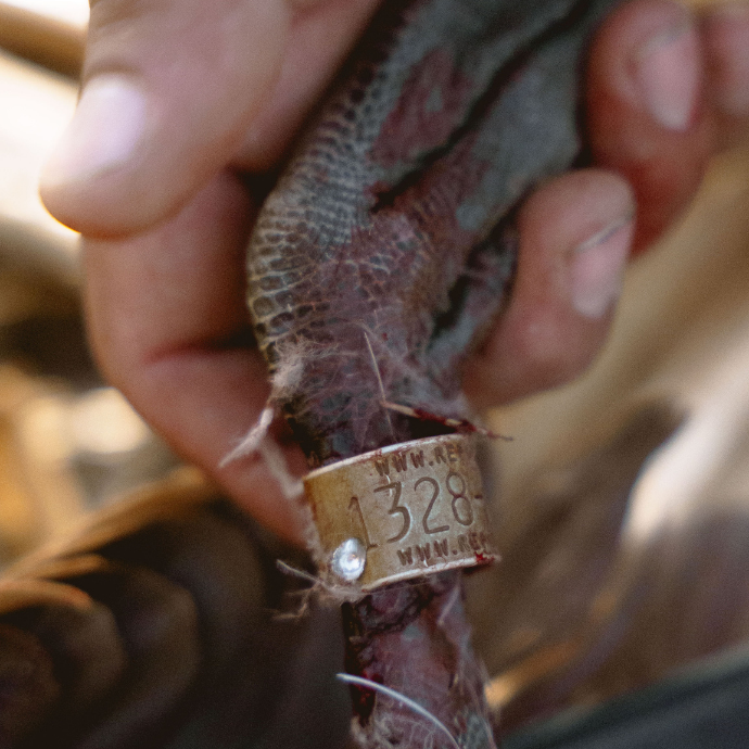 Close-up of a hunter holding a banded Canada goose leg — visible metal bird band marked with identification number, a prized token from a successful waterfowl hunt.