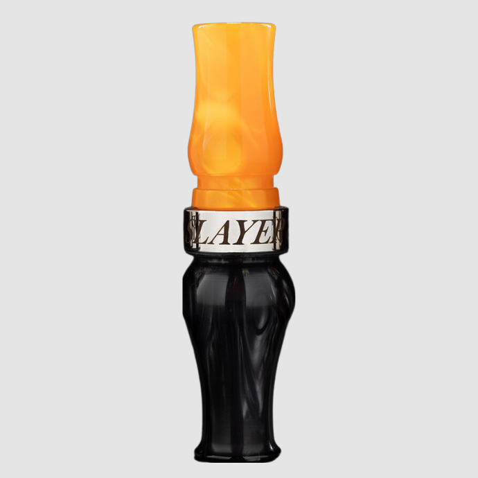 Slayer Calls Tar Belly speck call shown with black barrel and orange pearl exhaust
