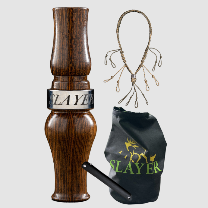 Slayer Calls goose hunting bundle including a wood goose call, braided call lanyard, black dry bag with green and yellow wildlife logo, and a dressing tool.
