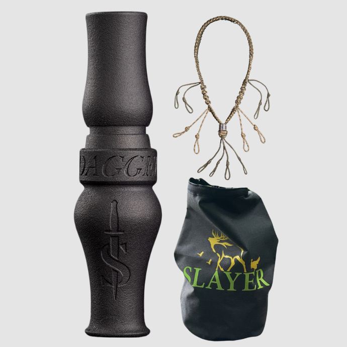 Black goose call with 'Slayer' branding, a black bag, and a decorative lanyard on a light gray background.
