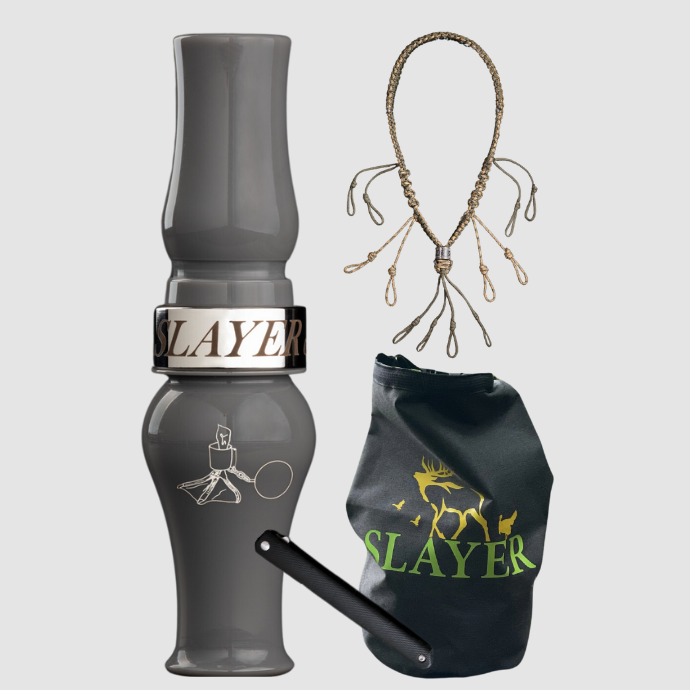 Slayer Calls goose hunting bundle including a gray acrylic honker call, braided call lanyard, black dry bag with green and yellow wildlife logo, and a dressing tool.