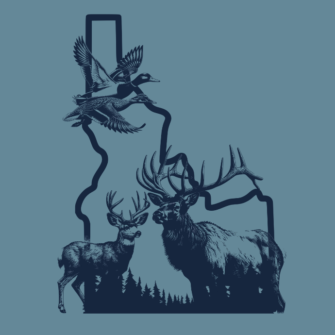 Illustration of a deer and elk with a duck on a blue background with an outline of the Idaho state map.