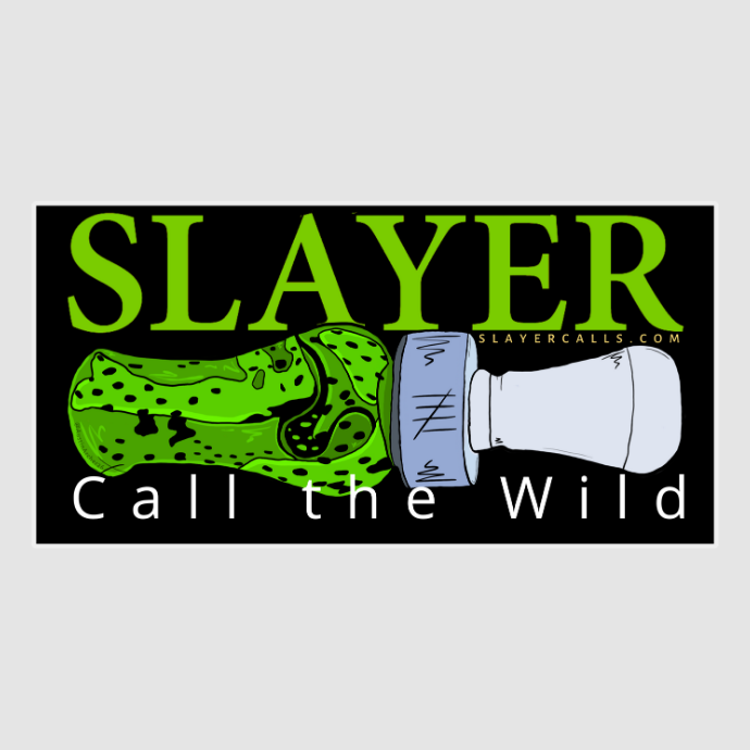 Illustrated Slayer Calls trailer decal featuring a green duck call with tally marks and bold horizontal “SLAYER” text, alongside the brand’s slogan “Call the Wild.”