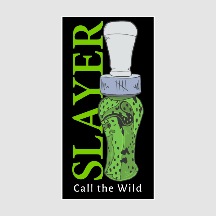 Illustrated Slayer Calls trailer decal featuring a green duck call with tally marks and bold vertical “SLAYER” text, alongside the brand’s slogan “Call the Wild.”