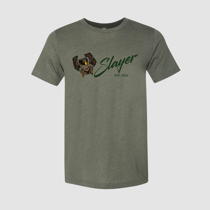 Army green t-shirt with an illustration of a a cupped up mallard duck and Slayer logo in script on a light grey background.