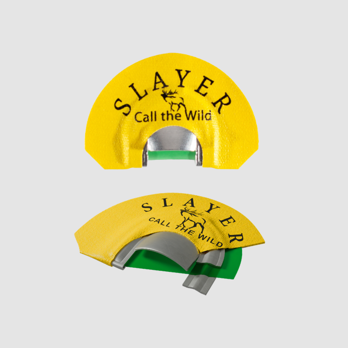Two yellow elk hunting calls with 'Slayer Call the Wild' branding on a gray background