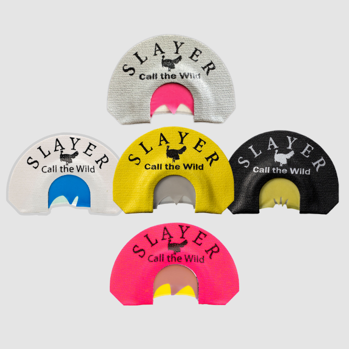 Set of Slayer turkey hunting mouth calls on a light gray background