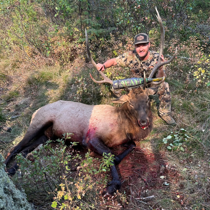 Elk hunter, Shawn Watts poses with mature bull elk called in using Slayer's elk ArchAngel bugle bugle tube and Maniac diaphragm —successful elk hunting with premium elk calls in the Idaho mountains