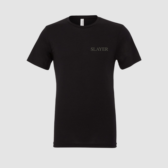 Black t-shirt with 'SLAYER' logo on a light gray background