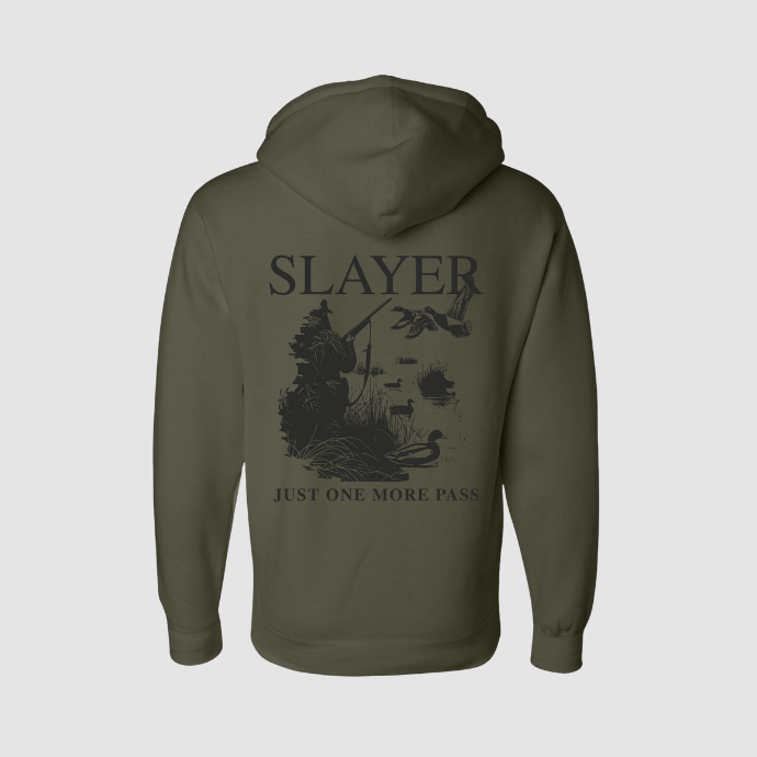 Green hoodie with Slayer and duck hunting illustration on the back