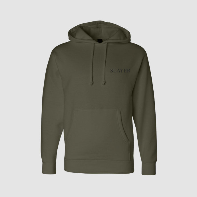 Moss green hoodie with left chest Slayer logo.