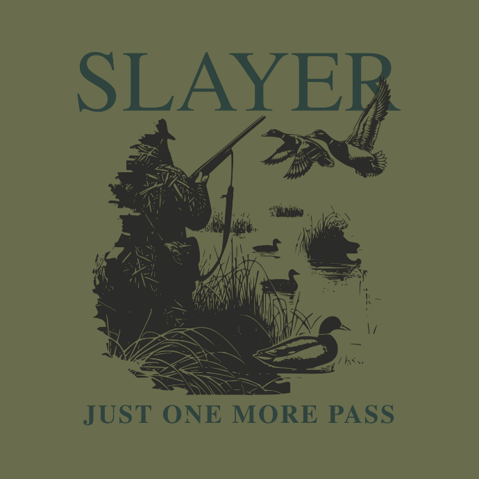 Close up view of Slayer ‘Just One More Pass’ duck hunting T-shirt featuring a hunter in the blind with ducks landing in the decoys.