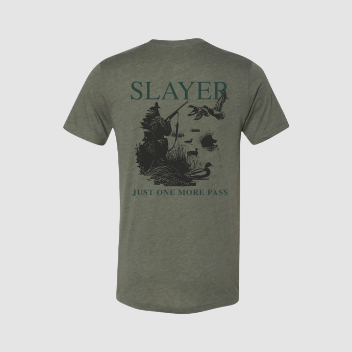 Back view of Slayer ‘Just One More Pass’ duck hunting T-shirt featuring a hunter in the blind with ducks landing in the decoys.