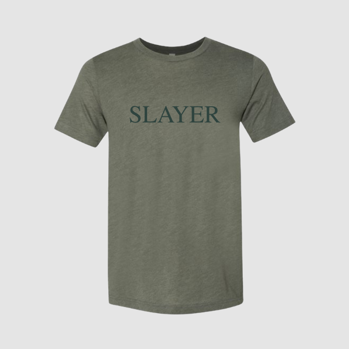 Green t-shirt with 'SLAYER' text on a light gray background