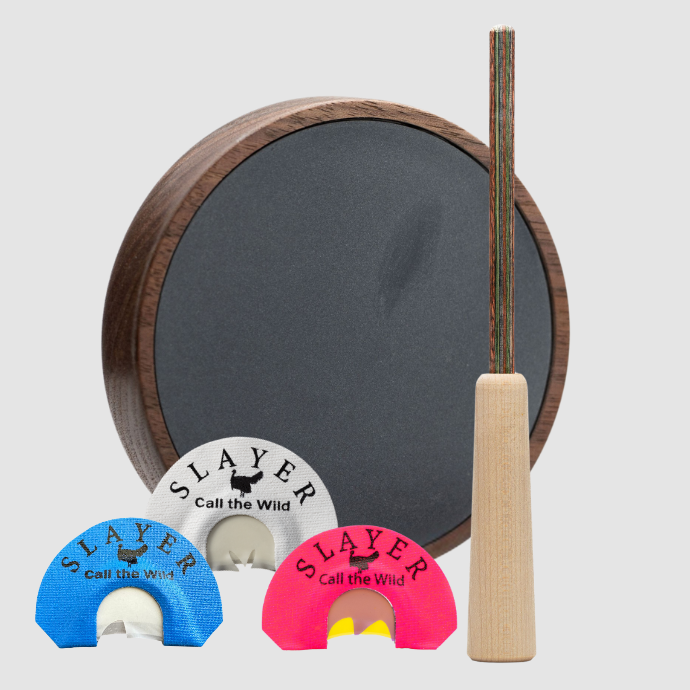 Slayer slate turkey pot call with striker and mouth reed assortment.