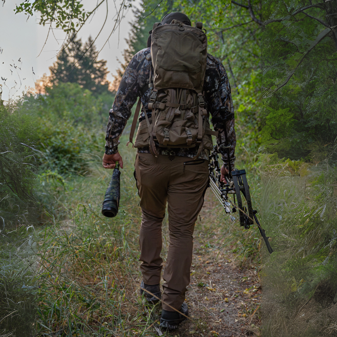 Archery elk hunter in camouflage clothing and backpack walking through a forest with a bow and the Guardian bugle tube by Slayer Calls.
