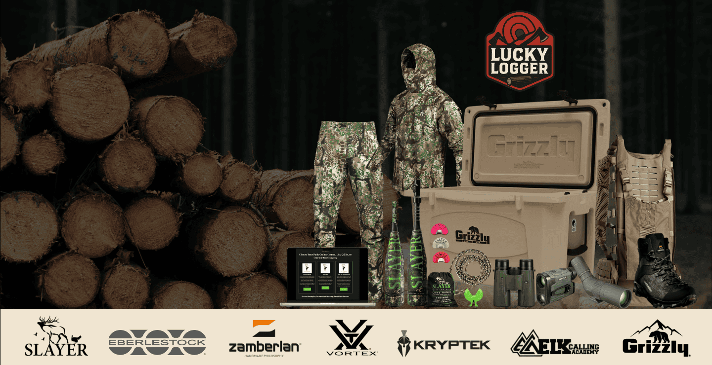 Lucky Logger promotional banner featuring products including a Kryptek camouflage, Grizzly cooler, Vortex optics, Eberlestock modframe pack, and hunting gear.
