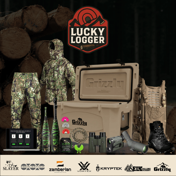 Lucky Logger promotional banner featuring products including a Kryptek camouflage, Grizzly cooler, Vortex optics, Eberlestock modframe pack, and hunting gear.