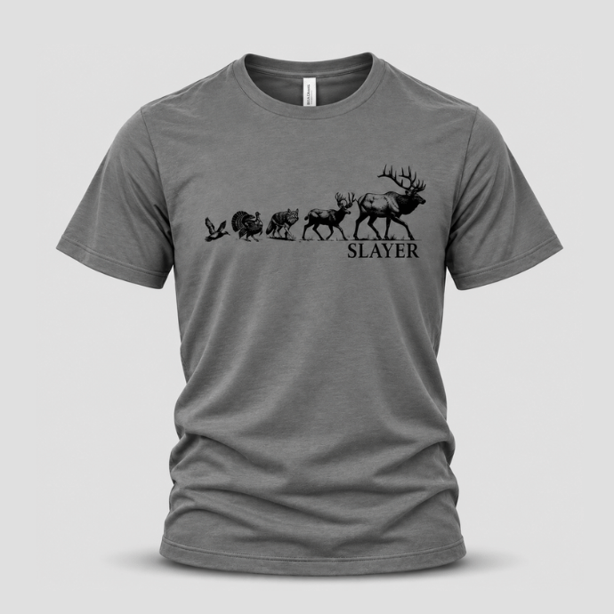 Front view of Slayer grey T-shirt featuring lineup of duck, turkey, deer, and elk silhouettes on a light grey background.