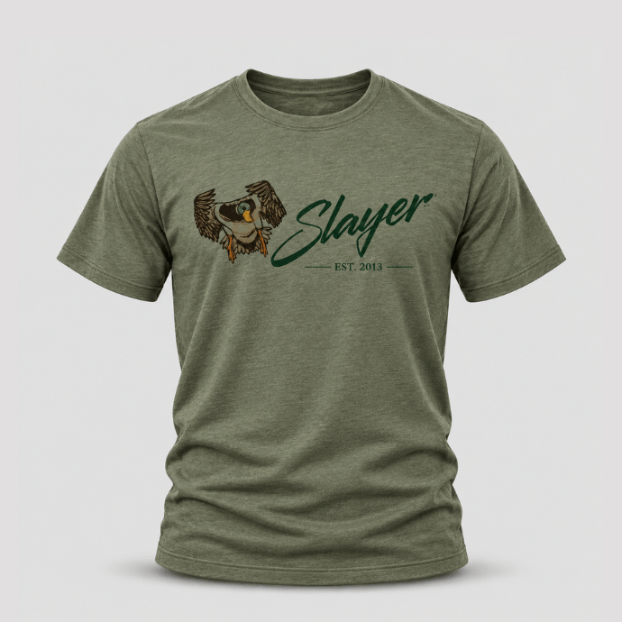 Olive green Slayer Heritage T-shirt with a flying mallard graphic, dark green Slayer script and “Est. 2013” on the chest.