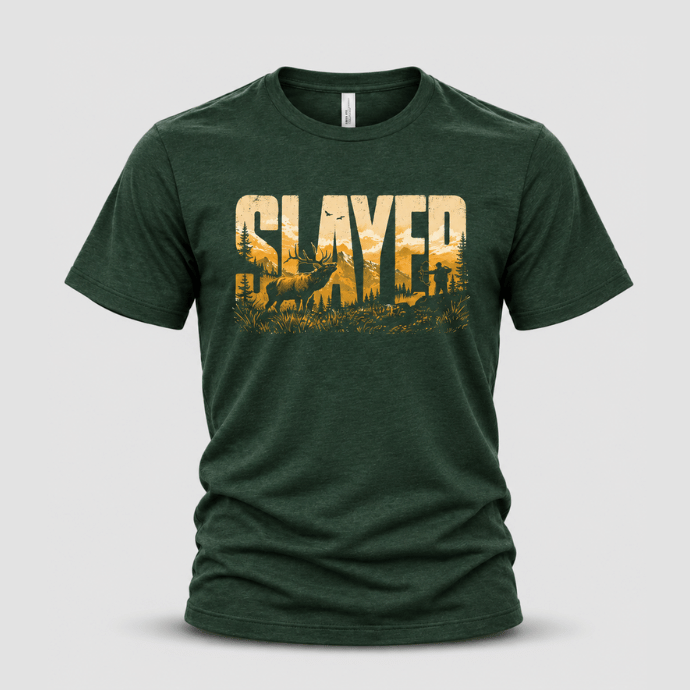 Front view of a forest green Slayer Ridgeline T-shirt with a gold mountain, elk and hunter graphic.