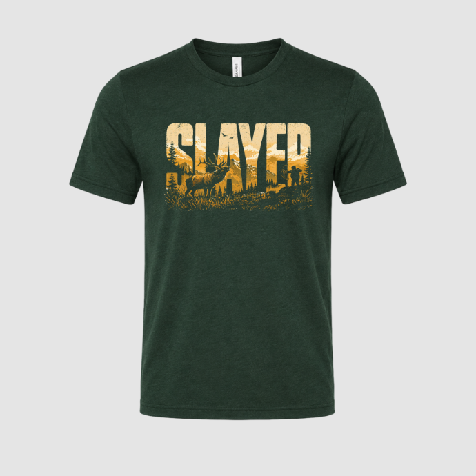 Green t-shirt with 'SLAYER' graphic design featuring an elk bull and archery hunter on a ridge line on a gray background