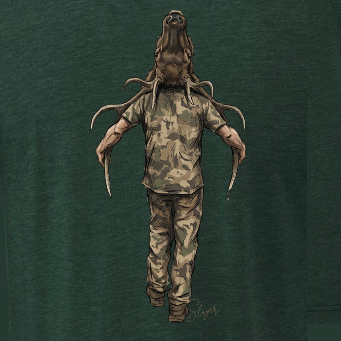 Illustration of an elk hunter in camouflage packing out a harvested bull on a green background.