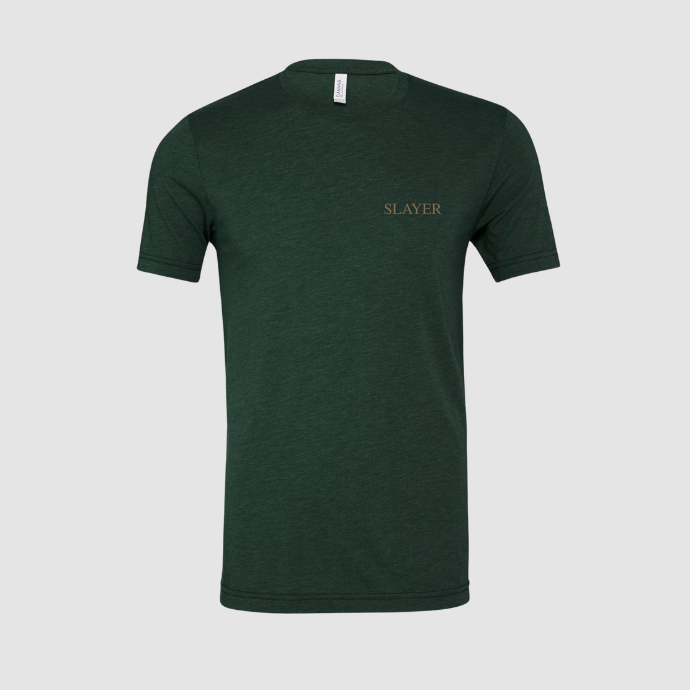 Green t-shirt with 'SLAYER' logo on a light gray background