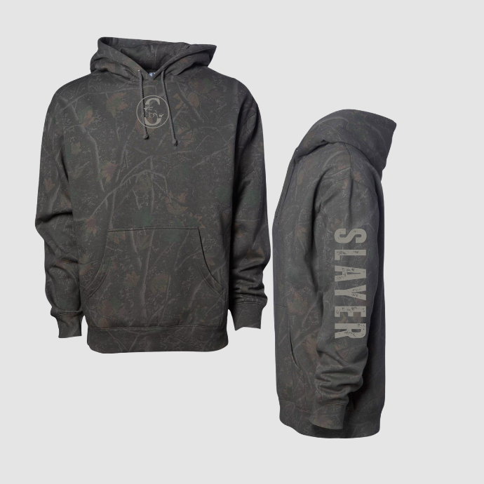 Dark gray hoodie with subtle timberline camo pattern with a Slayer "S" logo on a light gray background