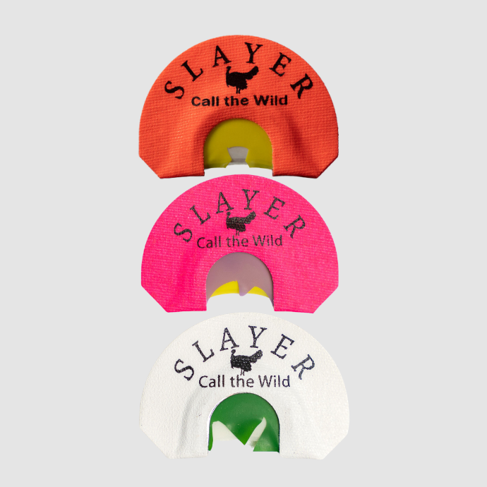 Three Slayer turkey calls on a light gray background